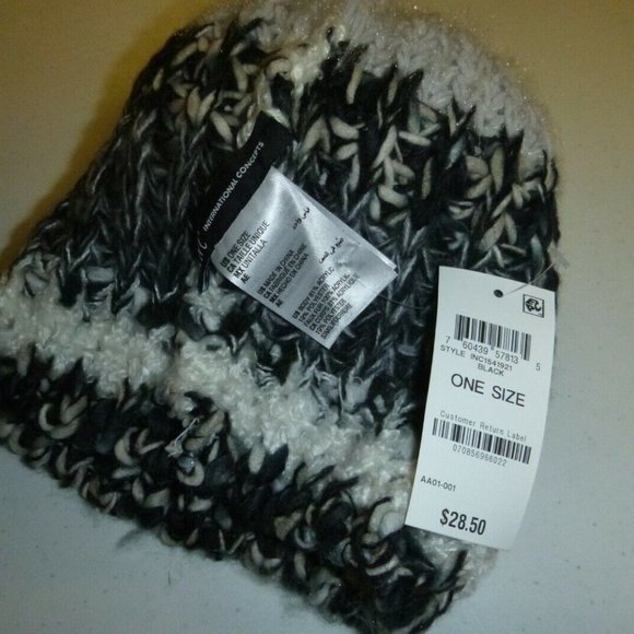 INC International Concepts designer POM black acrylic cable knit beanie SKI hat - Picture 2 of 3